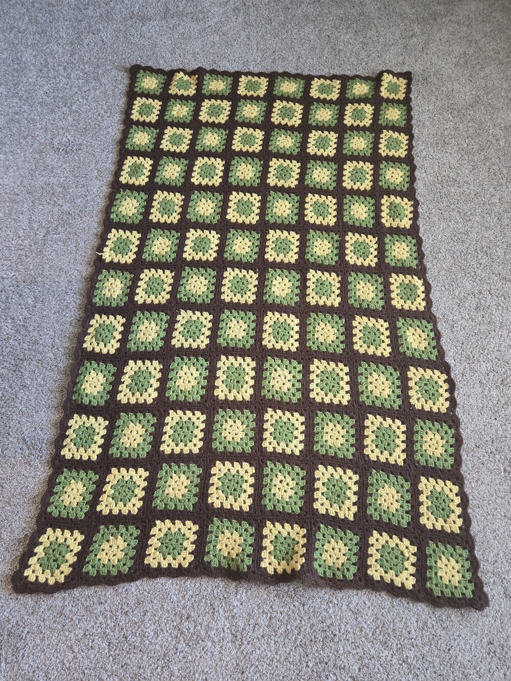 45x72” Crocheted Blanket Afghan Throw Granny Square Green Yellow Brown Handmade